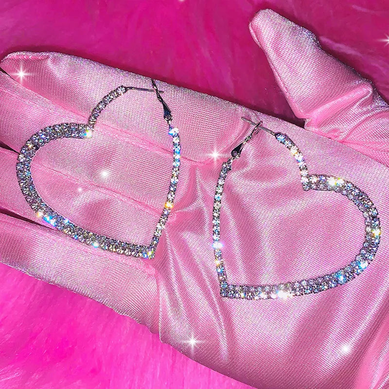 Y2k Accessories Shiny Peach Heart Hoop Earrings Korean Fashion Crystal Love Earrings for Women Punk Aesthetic 2000s Jewelry