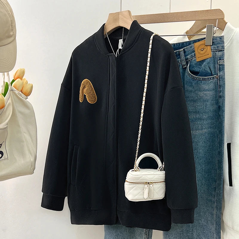 Jielur New Vintage Green Chic Loose Female Jackets Embroidery American Zipper O-neck Pockets Casual Women's Coats Preppy Style