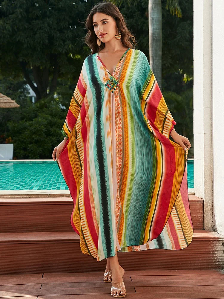 EDOLYNSA Colorful chic hand woven Chinese knot V-neck women's robe Kaftan bathing suit cover up Loose Bohemian long dress Q1628