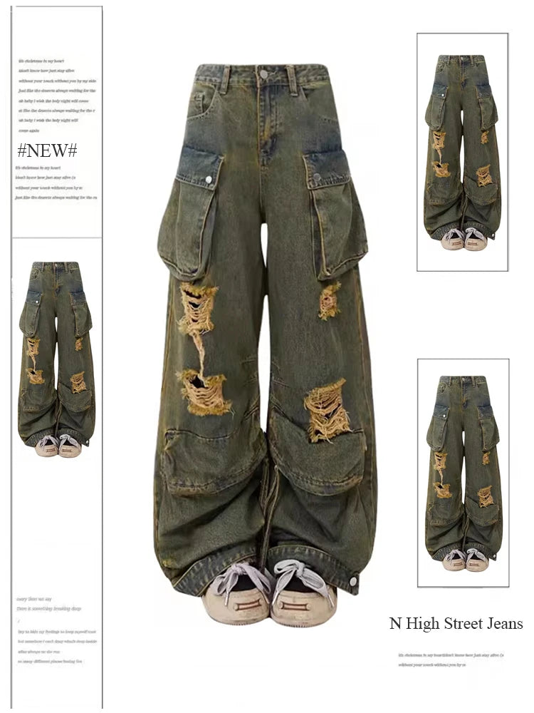 Women's Baggy Ripped Cargo Jeans Vintage Y2k 90s Aesthetic Oversize Denim Trousers Harajuku Cowboy Pants Emo 2000s Clothes 2023