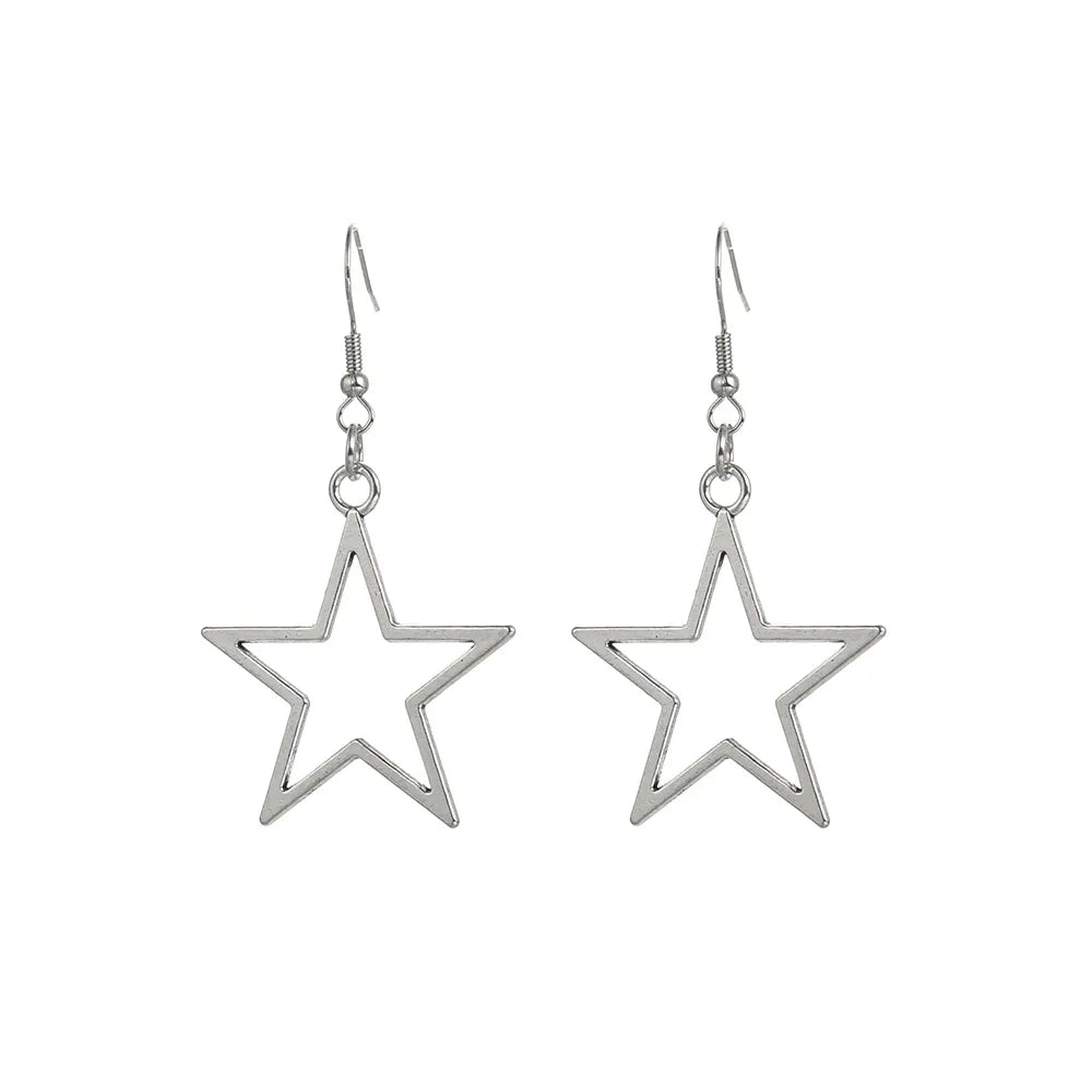 Hip Hop Silver Color Hollow Star Pendant Earrings for Women Punk Y2K Pentagram Star Drop Earrings Charm Holiday Jewelry
