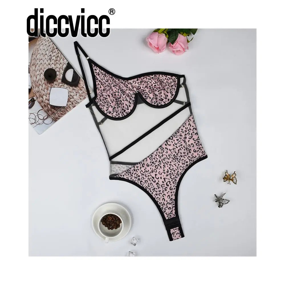 Diccvicc Bodysuit Asymmetrical Leopard Body Lingerie One Shoulder Bra Sissy Underwear Women Sexy Erotic Outfit Bodice Intimate