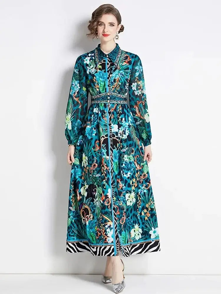 2024 Spring Fashion Women Gorgeous Vintage Single Breasted Long Dress Lantern Sleeve Jungle Animal Print Maxi Vestidos 6326