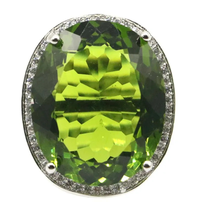 40x21mm Hot Selling Big Oval Delicate Fine Cut 17.5g Created Green Peridot Cz Women Dating Silver Pendant Earrings Ring
