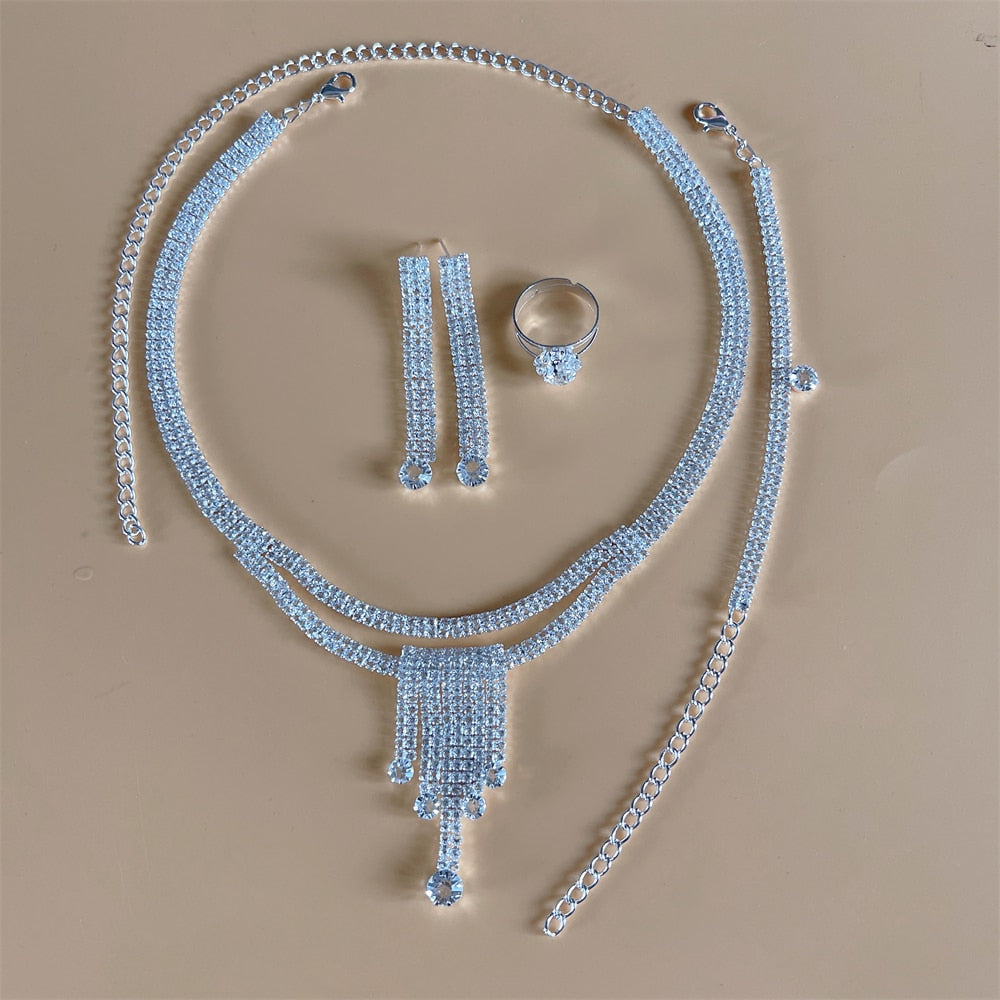 Silver Rhinestone Crystal Bridal Jewelry Set Earrings Necklace Wedding Geometric Elegant Romantic Bridesmaid Jewelry Sets