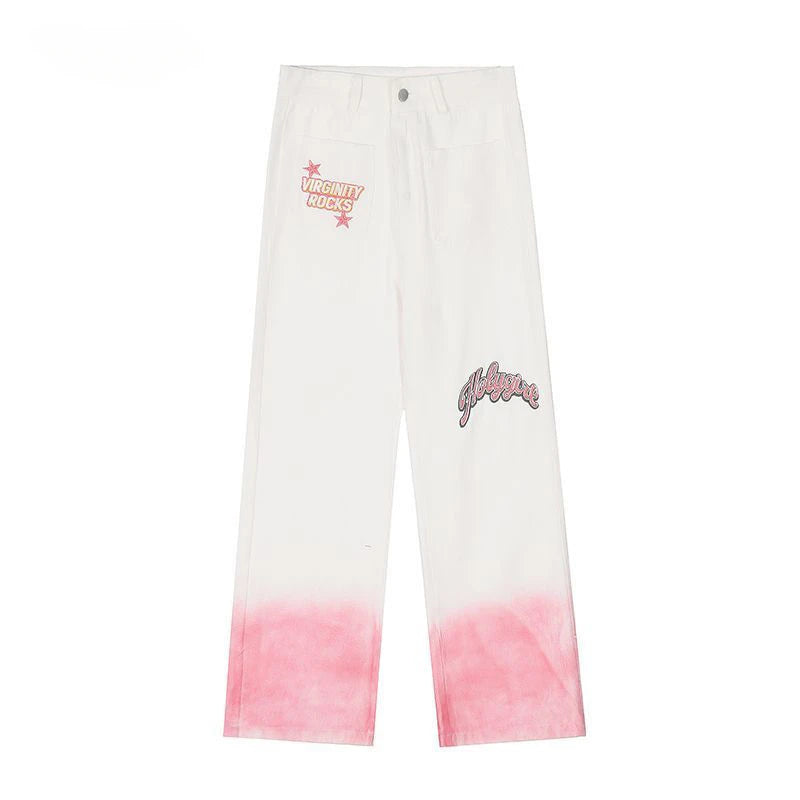 Gradient Color Letter Embroidered Jeans Women 2023 Autumn Niche High-waisted Loose Straight Lazy Style Wid -leg Trousers