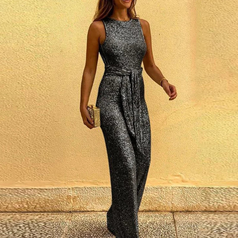 Elegant O Neck Sequins Sleeveless Jumpsuits Sexy Backless High Waist Lace-up Commute Rompers Fashion High Street Long Jumpsuits