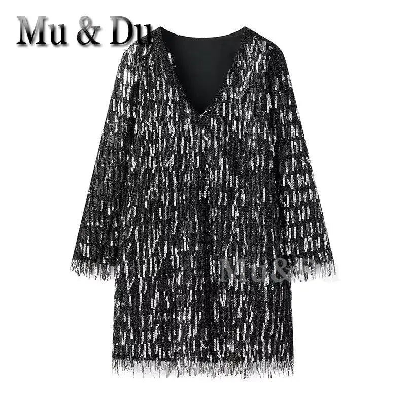 Mu&Du 2024 Spirng Vintage Women Elegant V Neck Long Sleeve Tassel Sequin Chic Shift Dress Female Party Vestidos Loose Dresses