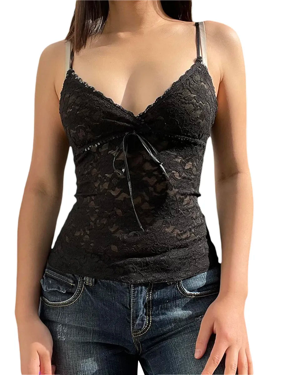 Black See Through Lace Cami Crop Tops Women Summer Y2K Clothes Sleeveless V Neck Sexy Tanks Camis Aesthetic 2000s Gothic Tees