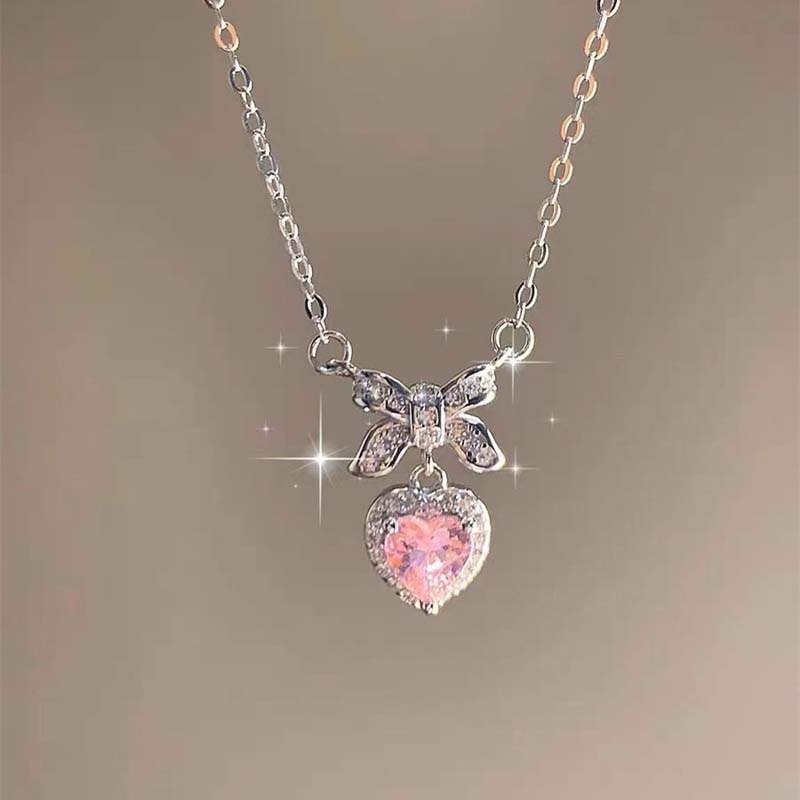 Pink Planet Heart Zircon Necklace Women Charm Aesthetic Clavicle Chain Necklace Valentines Day Gift Party Jewelry