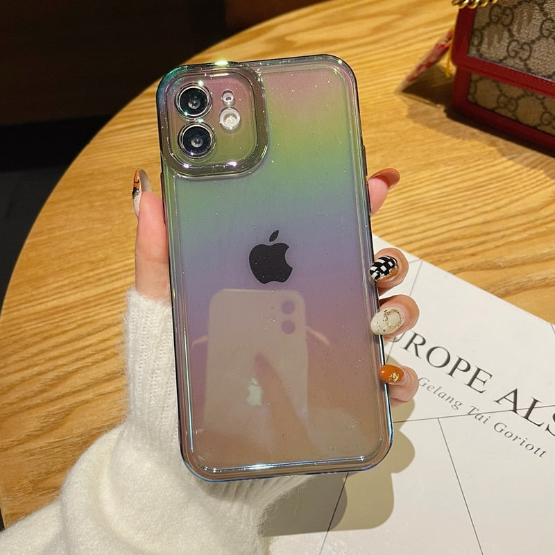 Soft Laser Rainbow Silicone Phone Case For iPhone 11 12 13 14 Pro Max X Xs Max XR Shockproof Transparent Bumper Back Cover