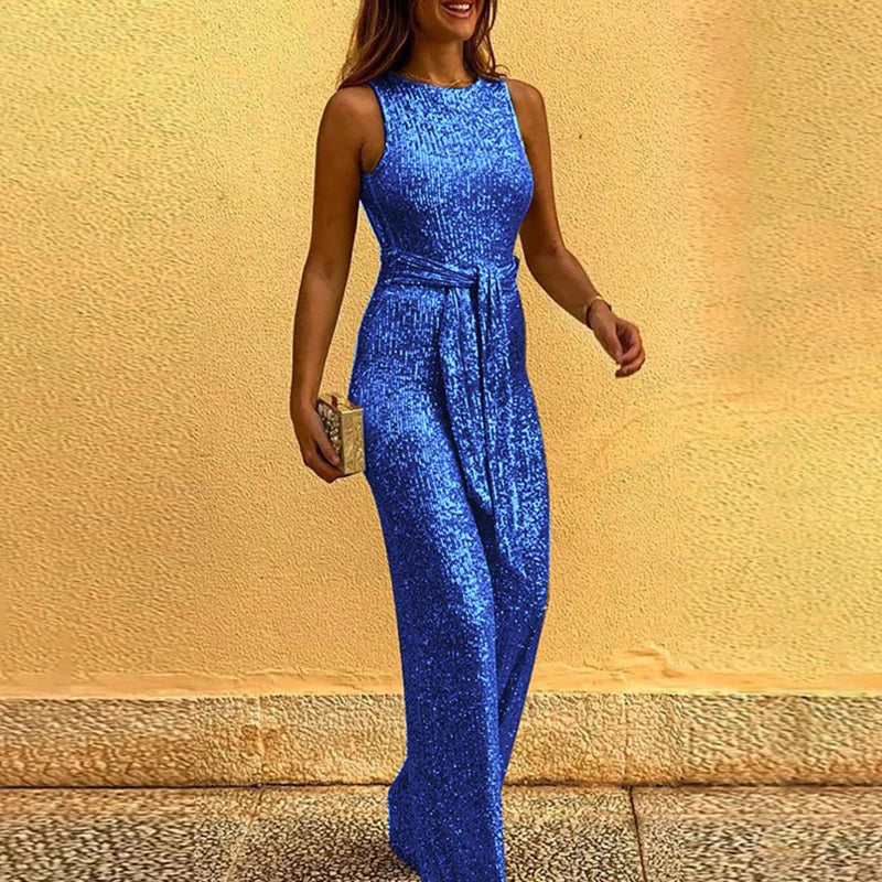 Elegant O Neck Sequins Sleeveless Jumpsuits Sexy Backless High Waist Lace-up Commute Rompers Fashion High Street Long Jumpsuits