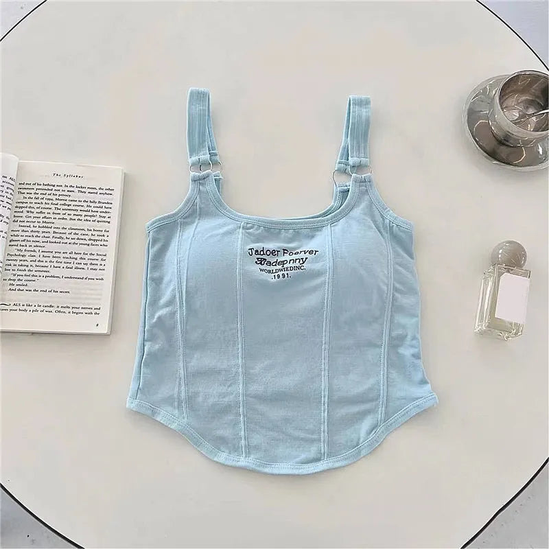 Embroidery Letter Knitted Short Tank Tops With Bra Pad Crop Top Woman Y2K Streetwear Fashion Women T-shirt Sleeveless Camisole