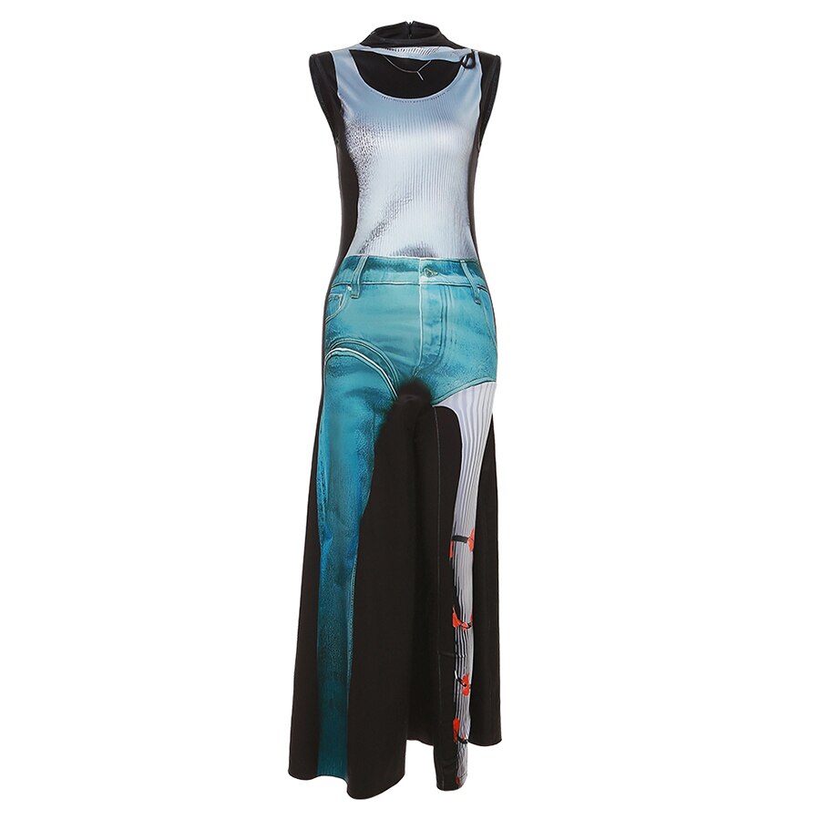 Ästhetisches Druck-Maxikleid für Damen, New Hipster, O-Ausschnitt, dünn, ein Hosenbein, weibliche Robe, atemberaubende Streetwear-Kleidung
