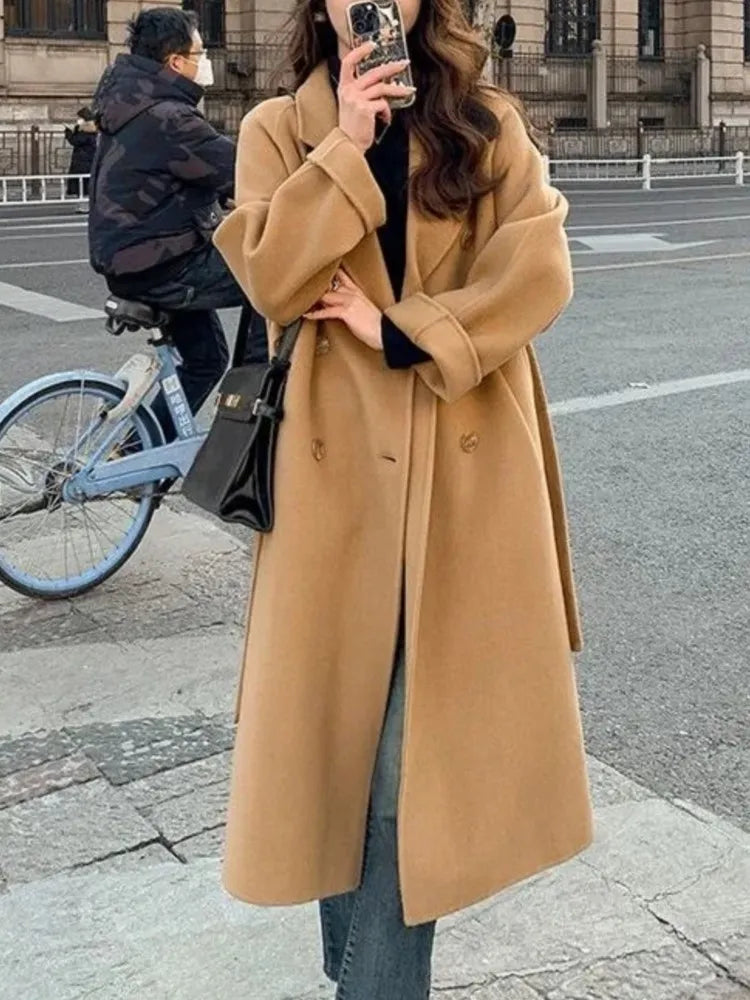 Korean Fashion Women Casual Loose Woolen Coat Elegant and Chic Solid Outerwear Long Overcoat with Belted Female Warm Cloak