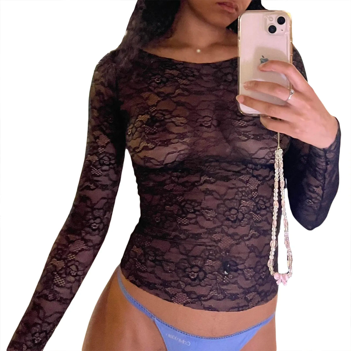 2023 Women’s Sexy Mesh Sheer Long Sleeve Layering Top Mock Neck Lace Floral See Through Tee Shirt Crop Tops Clubwear D Black M