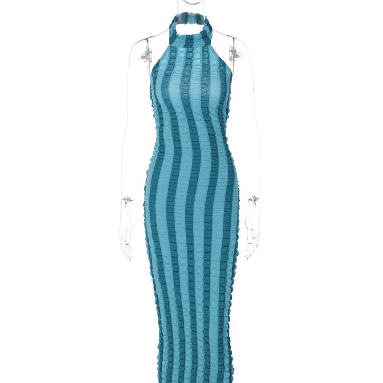 Uneven Stripe Print Maxi Dress Women Elegant Halter Sleeveless Skinny Backless Summer Bodycon Streetwear Fashion Vestidos