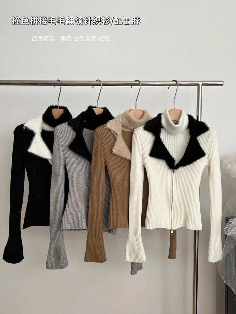 New Design Autumn Gyaru Cardigan Office Lady Korean Fashion Sweater Contrasting Colors Casual Plush Turn-Down Collar Jumper