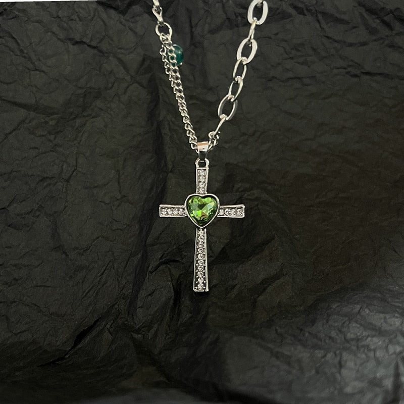 Punk Green Rhinestone Heart Love Cross Titanium Steel Chain Choker Necklace for Women Goth Vintage Aesthetic Trend Jewelry