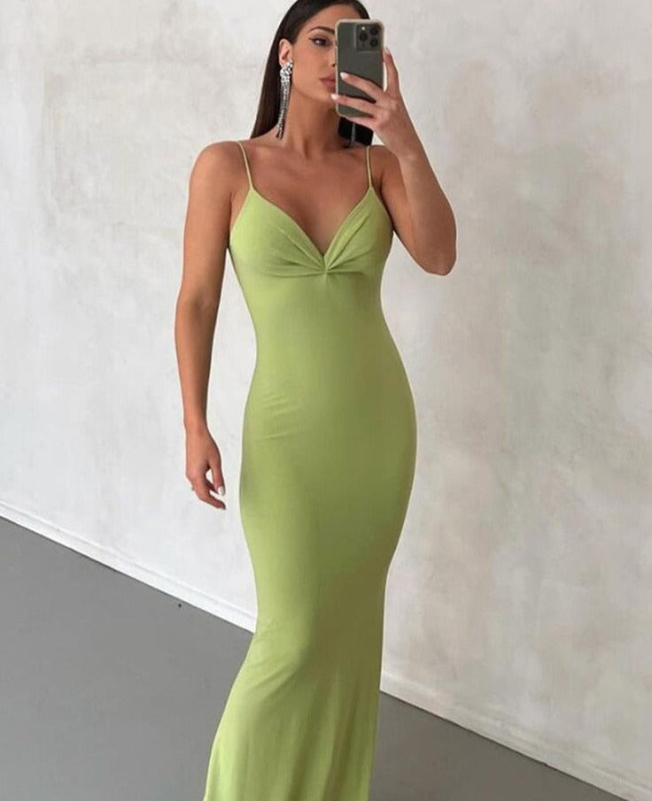 Concise Elegant Backless Maxi Dress Women Hipster Solid Deep V-neck Spaghetti Strap Robe Female Party Streetwear Dresses