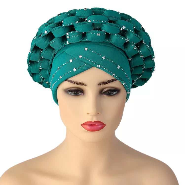 Inlaid with Diamonds African Pattern Pre-Tied Bonnet Turban Knot Cap Headwrap Hat Auto Gele Robe Africaine Aso Oke Ready To Wear
