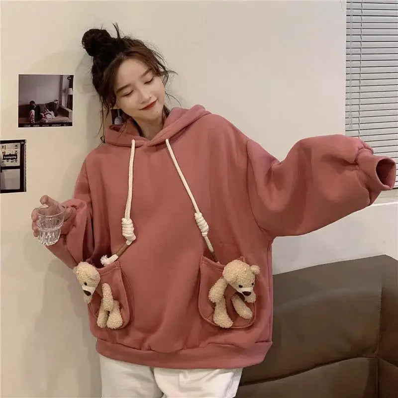 Autumn and Winter New Cute Pocket Teddy Bear Hoodie for Women Loose Fitting Student College Style Versatile Girl Coat Clothes