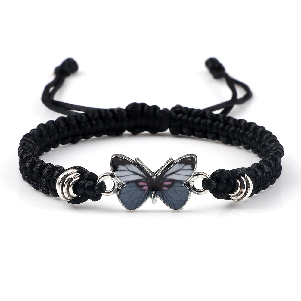 Pulsera de moda de mariposa gris, cadena de cuerda trenzada blanca y negra clásica, pulseras hechas a mano para mujeres y hombres, joyería ajustable