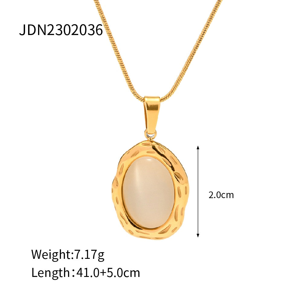 Luxury 18K Gold Plated Stainless Steel Oval Shape White Cat Eye Opal Stone Pendant Necklace