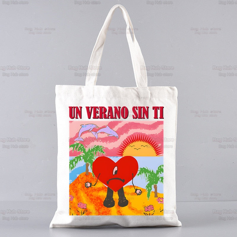 Bad Bunny Canvas Bag Casual Large Hand Bags Shopping UN VERANO SIN TI Music Album Handbag Print Large Capacity Bag