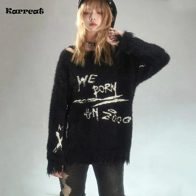 Karrcat Grunge Graffiti Print Sweater Wasteland Punk Distressed Knitted Pullover Dark Aesthetics Gothic Black Knitwear Mohair