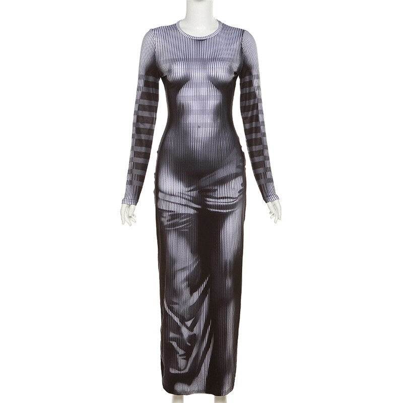 Bunte 3D-Körperdruck Frauen O-Ausschnitt Maxikleid Langarm Streetwear Sexy weibliche enge lange Kleider
