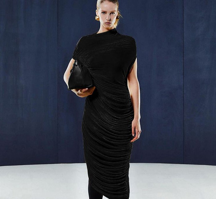 Asymmetrische gestapelte geraffte Maxi-Kleid Frauen solide Concise Kurzarm O-Ausschnitt Körper-Gestaltung Robe weibliche Freizeitkleidung