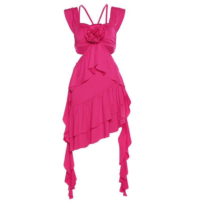 3D Flower Irregular Ruffles Maxi Dress Women Hollow Tassel Sleeveless Sexy Solid Evening Dresses Prom Partywear Clothing