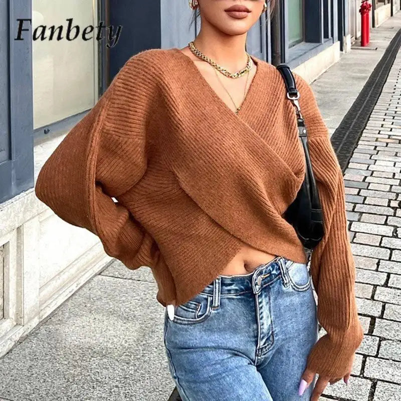 Casual Loose Solid Versatile Sweater Winter Warm Long-Sleeved Knitted Sweater French Retro Cross V-Neck Pullover Knitted Sweater