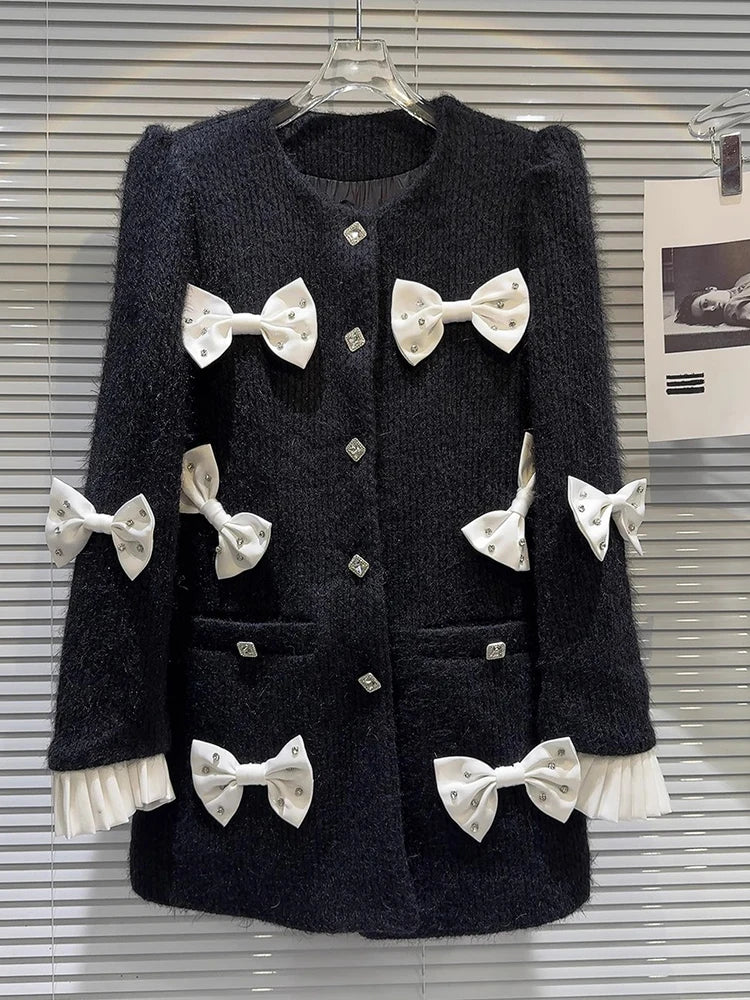 HIGH STREET Newest 2023 Stylish Designer Jacket Women's Rhinestone Bow Decoration Down Inner Lining Woolen Trench Coat Jacket