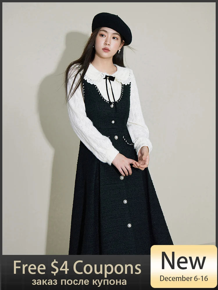 DUSHU Sleeveless Long Black Temperament Dress Small Fragrant Style Camisole Dress Contrasting Line Design Mid-Length Strap Dress