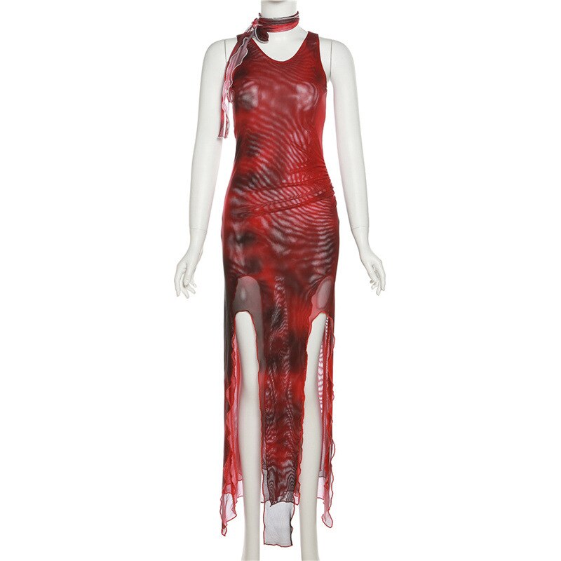 Tie-dyed Printing Elegant Maxi Dress Women Sleeveless High Slit Streetwear Evening Dresses Casual Hot Girl Party Clothing