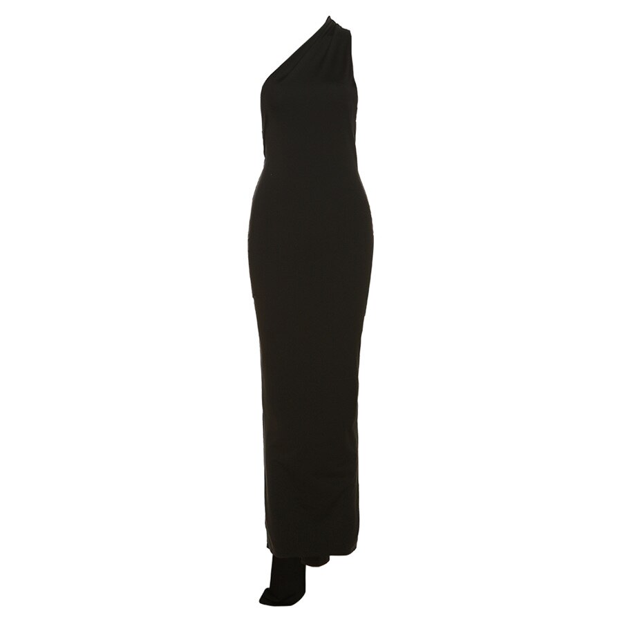Elegant Solid Maxi Dress Women Diagonal Collar Sleeveless Backless Pleated Buttocks Skinny Robe Female Evening Dresses