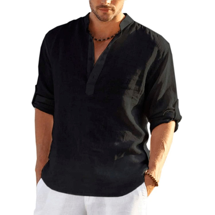 Mens Linen Long Sleeve Shirt Solid Color Casual  Long Sleeve Cotton Linen Shirt Tops Size S-5XL