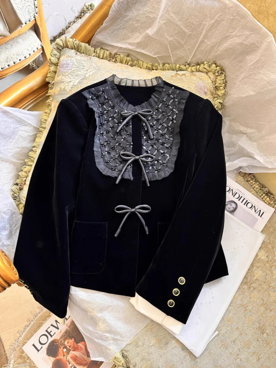 MIU Style Diamond Inlaid Black Short Suit Heavy Industry Diamond Inlaid Velvet Jacket Women's Temperament Top Autumn