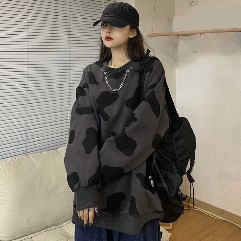 Harajuku Cow Print Hoodies Women Hip Hop Goth Oversize Sweatshirts Loose Casual Long Sleeve Thin Tops Streetwear Grunge