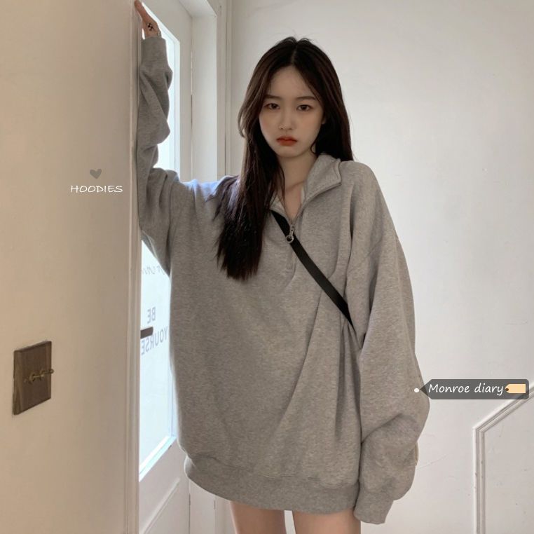 Korean Gray Oversized Sweatshirts Women Harajuku Zip Up Hoodie Vintage Loose Casual Polo Collar Pullover Tops