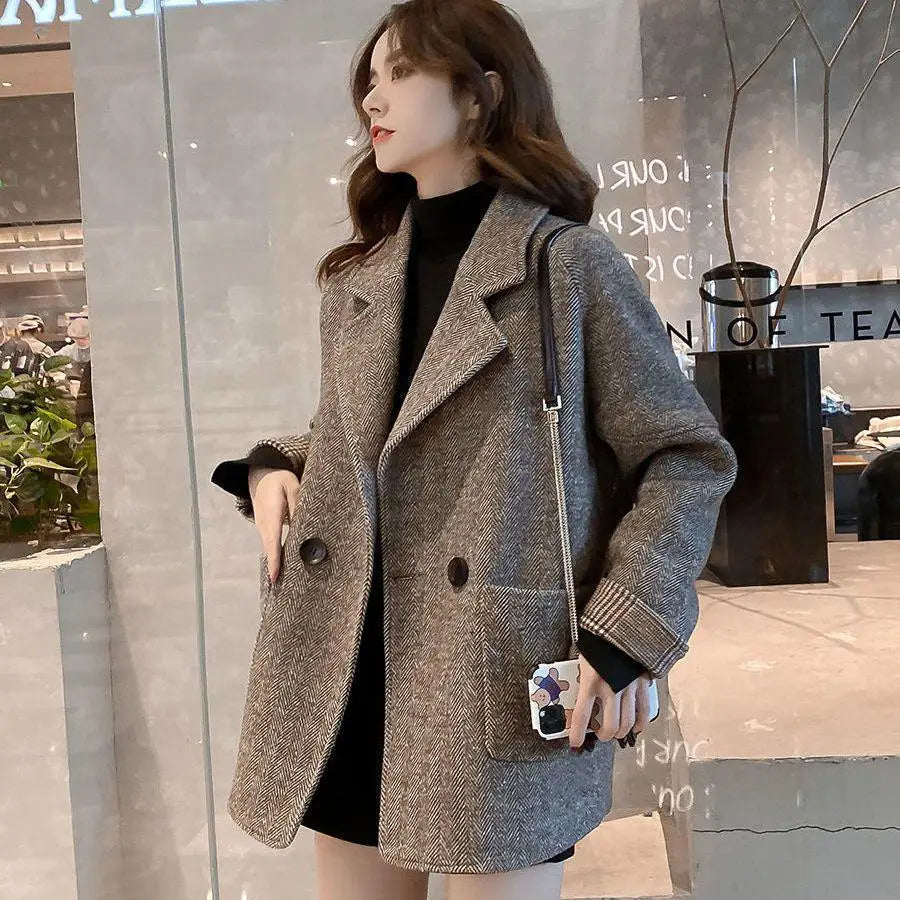 Korean Women Vintage Long-sleeved Cotton Suit Jacket Autumn Winter Elegant Double-breasted Woolen Coat Warm Loose Formal Casual