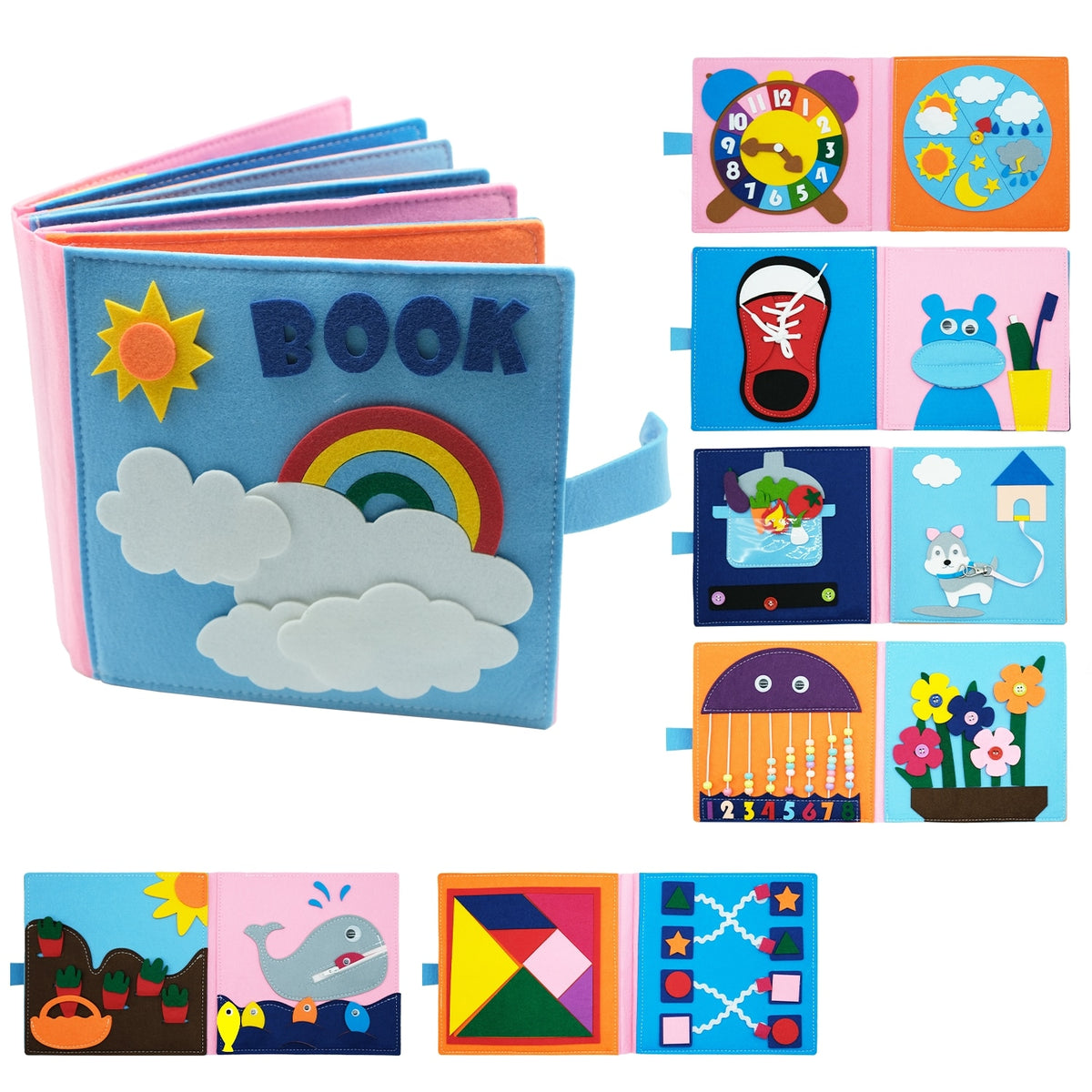 Waschbares Montessori-Kleinkind-Beschäftigungsbrett 3D-Babygeschichten-Stoffbuch Frühes Lernen, Bildung, Gewohnheiten, Wissen entwickeln