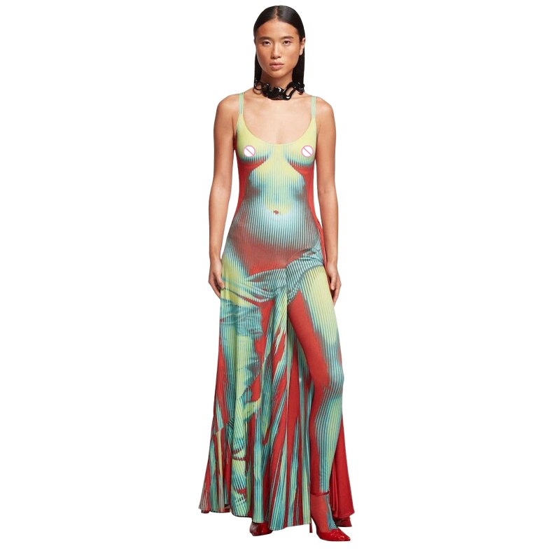 3D Body Print Maxi Dress Women Stunning U-neck Strap One Trouser Leg Floor Length Robe Female Body-shaping Street Clothes