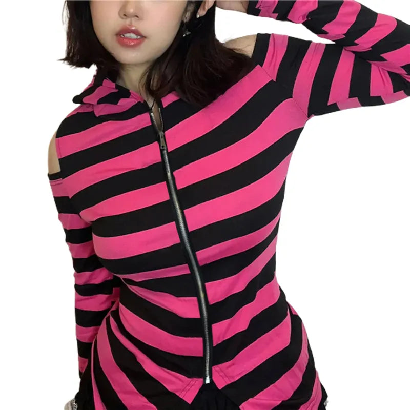 Gothic Punk y2k Hoodie Women Striped Zipper Long Sleeve Hooded Top Cyber Core Sweatshirt Harajuku Goth 2000s Streetwear
