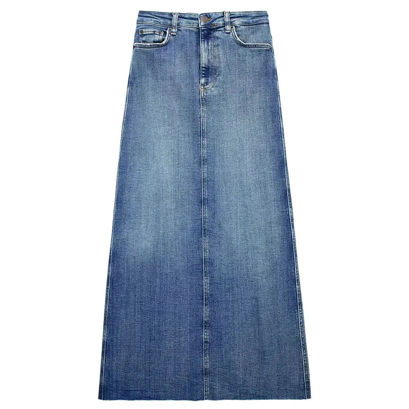 TRAFZA Women's Front Slit Blue Denim Skirt Pockets High Waist Slim Zipper Fly Midi Skirts Spring Female Casual Streetwear