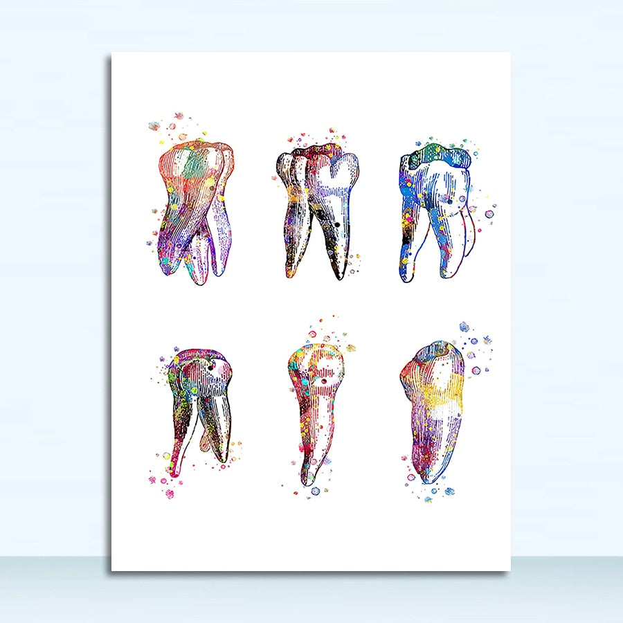 Canvas Painting Teeth Art Posters Dentist Wall Picture Doctor Office Decor Tooth Anatomical Print Dental Molar Poster Watercolor