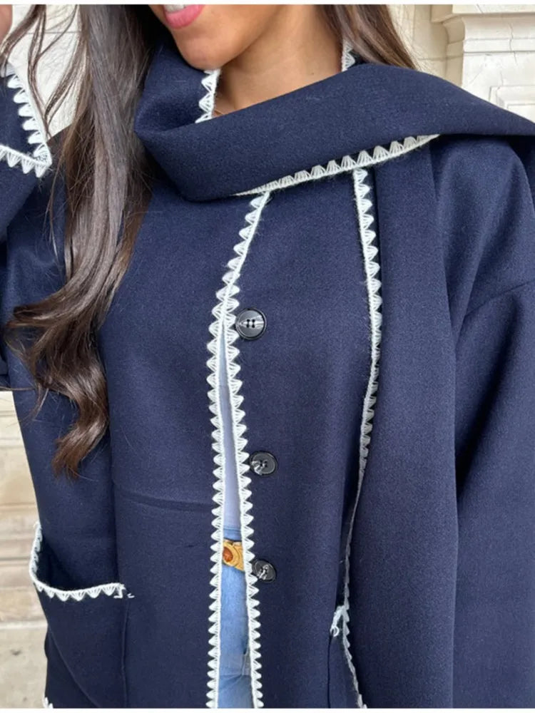 Women Fleece Splice Cotton Coat With Scarf Long Sleeve Solid Plush Quilted Jacket Loose Autumn Blends Balloon Overcoat
