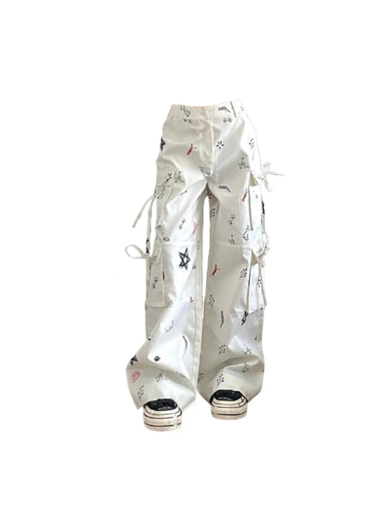 Women White Cargo Pants Star Y2k Retro 2000s Streetwear High Waist Baggy Trouser Harajuku Wide Leg Pants 90s Trashy Clothes